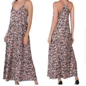 NICOLE MILLER Satin Spaghetti Strap Leopard Print Maxi Dress POCKETS